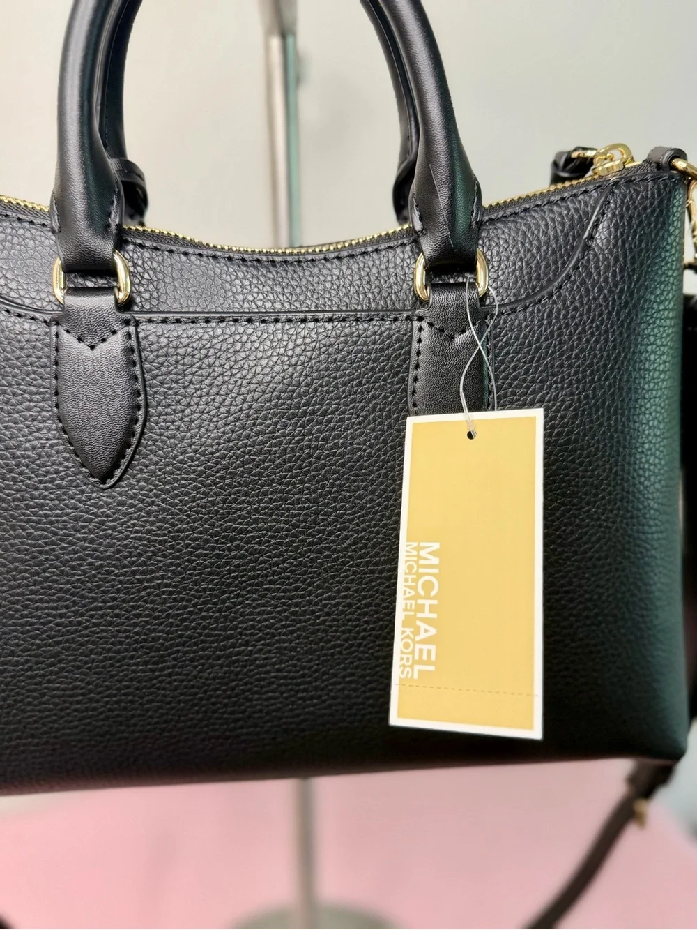 Michael Kors Black Pebbled Leather Dome Satchel with Gold Hardware